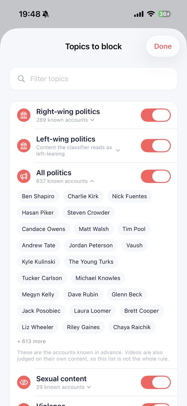 Topics to block list with toggles